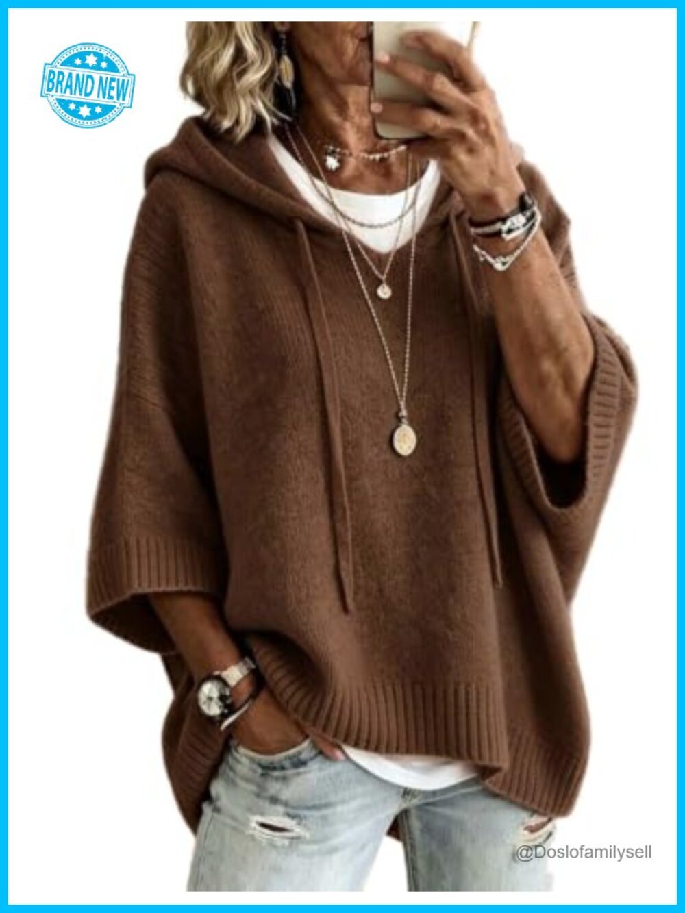Womens Hooded Pullover Sweater 3/4 Sleeve Knit Drawstring Loose Fit